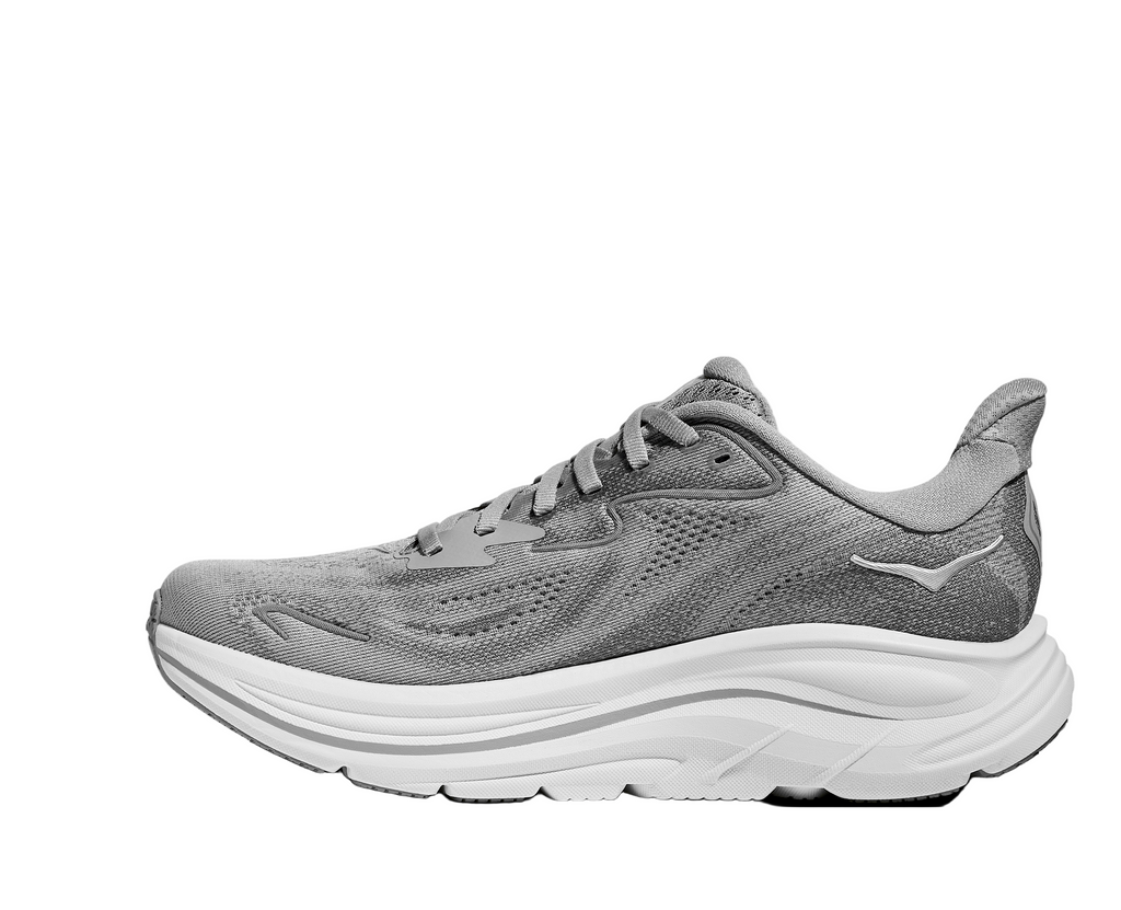 Women's Hoka Clifton 10. Grey upper. White midsole. Medial view.