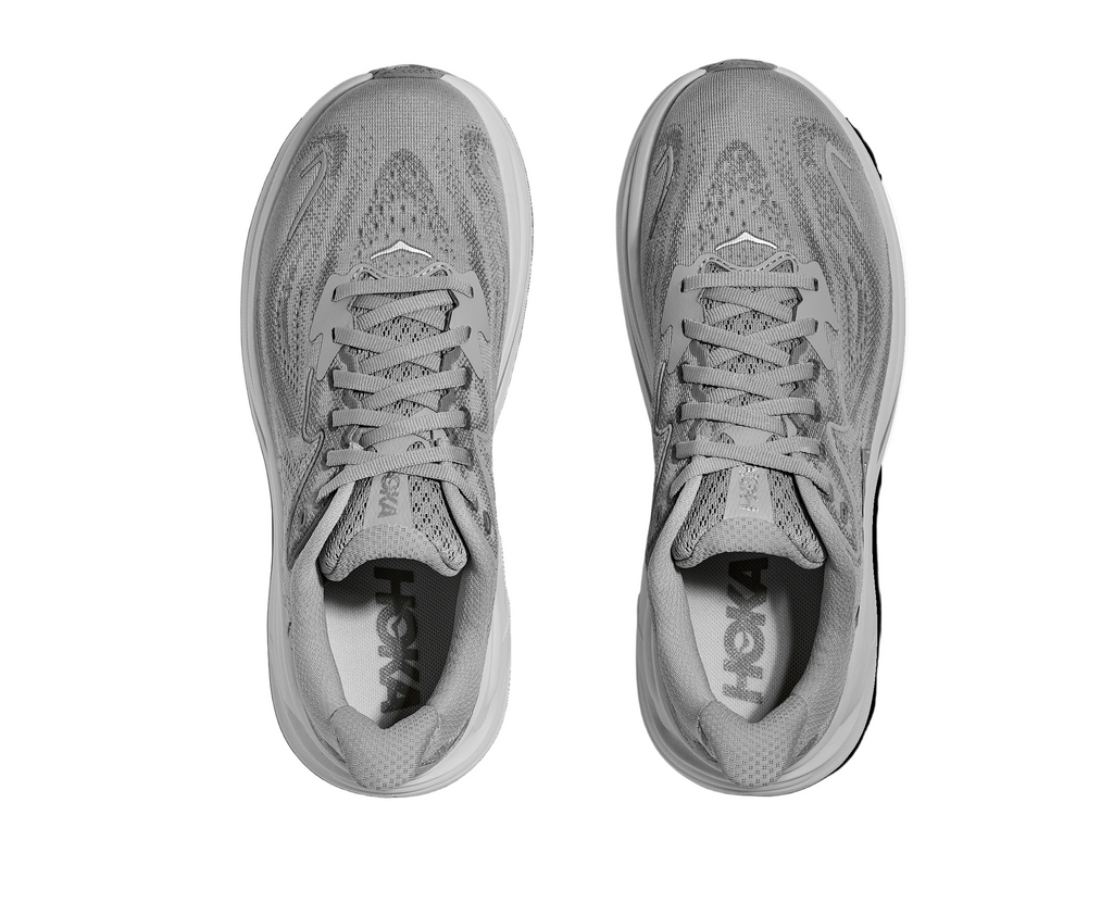 Women's Hoka Clifton 10. Grey upper. White midsole. Top view.