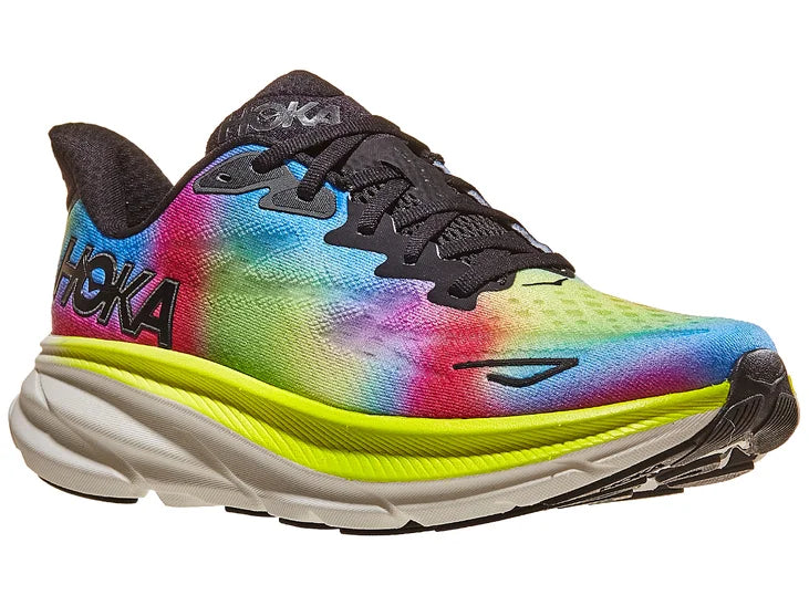 Women's Hoka Clifton 9. Multicolored upper. White/yellow midsole. Lateral view.