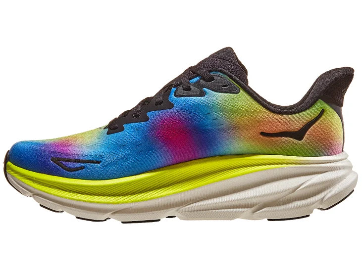 Women's Hoka Clifton 9. Multicolored upper. White/yellow midsole. Medial view.