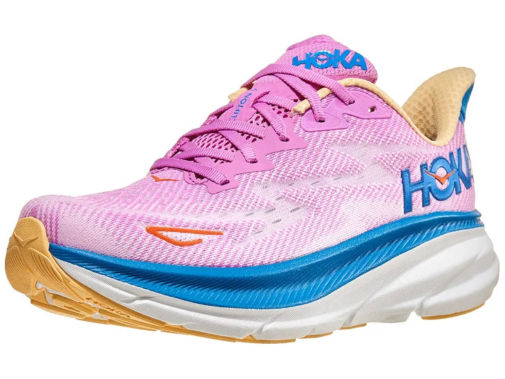 Women's Hoka Clifton 9. Pink upper. Blue/White midsole. Lateral view.