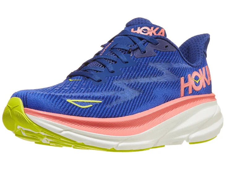 Women's Hoka Clifton 9. Blue upper. White/Pink midsole. Lateral view.