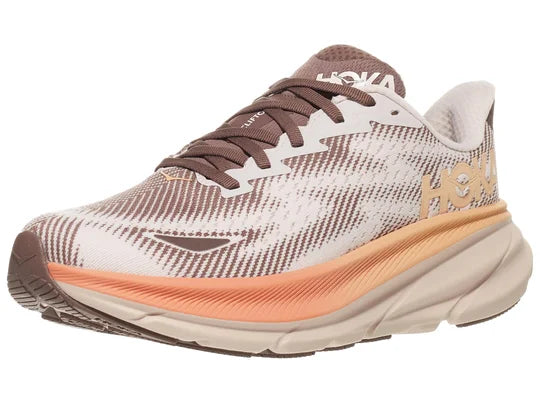 Women's Hoka Clifton 9 GTX. White/Brown upper. White/Pink midsole. Lateral view.