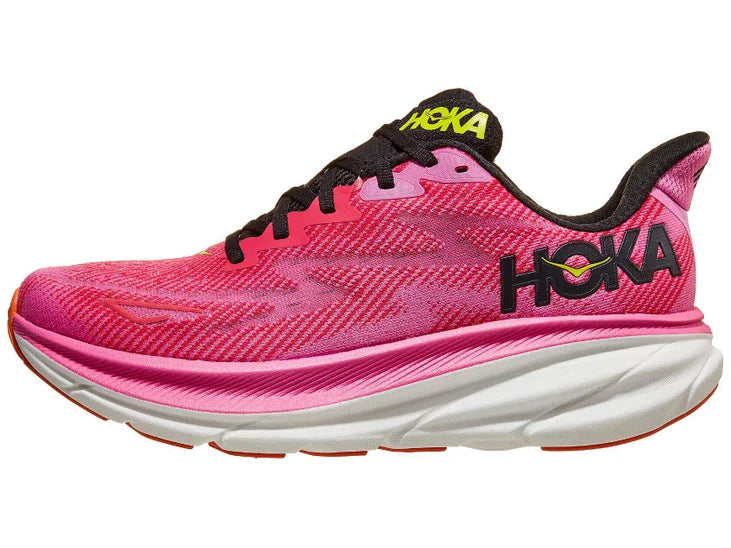 Women's Hoka Clifton 9. Light red upper. Light red/White midsole. Lateral view.