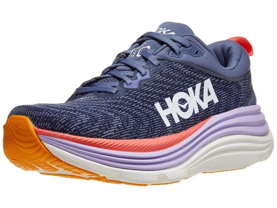 Women's Hoka Gaviota 5. Navy Blue upper. Pink, purple, and white midsole. Lateral view. 