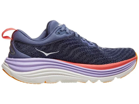 Women's Hoka Gaviota 5. Navy Blue upper. Pink, purple, and white midsole. Medial view. 