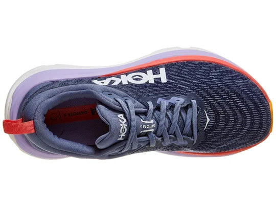 Women's Hoka Gaviota 5. Navy Blue upper. Pink, purple, and white midsole. Top view.