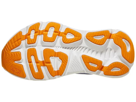 Women's Hoka Gaviota 5. Navy Blue upper. Pink, purple, and white midsole. Bottom view.