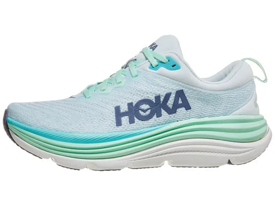 Women's Hoka Gaviota 5. Light Green upper. Green and white midsole. Lateral view.
