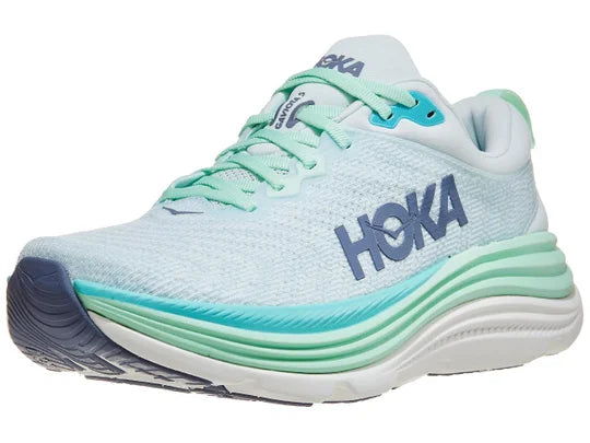 Women's Hoka Gaviota 5. Light Green upper. Green and white midsole. Lateral view.