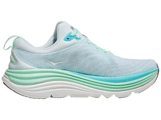 Women's Hoka Gaviota 5. Light Green upper. Green and white midsole. Medial view.