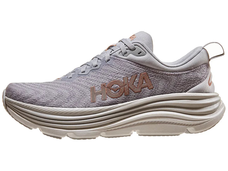 Men's Hoka Gaviota 5. Grey upper. White/light grey midsole. Lateral view.