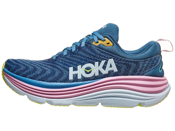 Women's Hoka Gaviota 5. Green/Blue upper. Pink/White midsole. Lateral view.