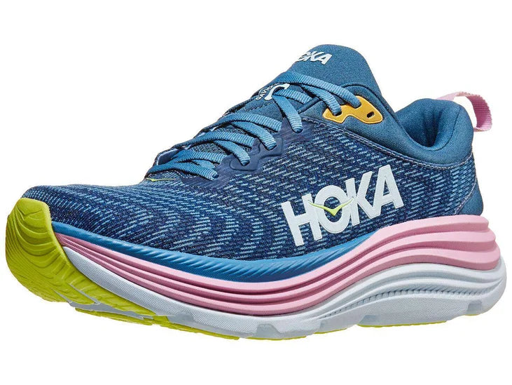 Women's Hoka Gaviota 5. Green/Blue upper. Pink/White midsole. Lateral view.