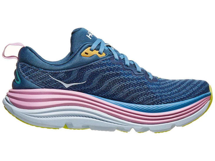 Women's Hoka Gaviota 5. Green/Blue upper. Pink/White midsole. Medial view.