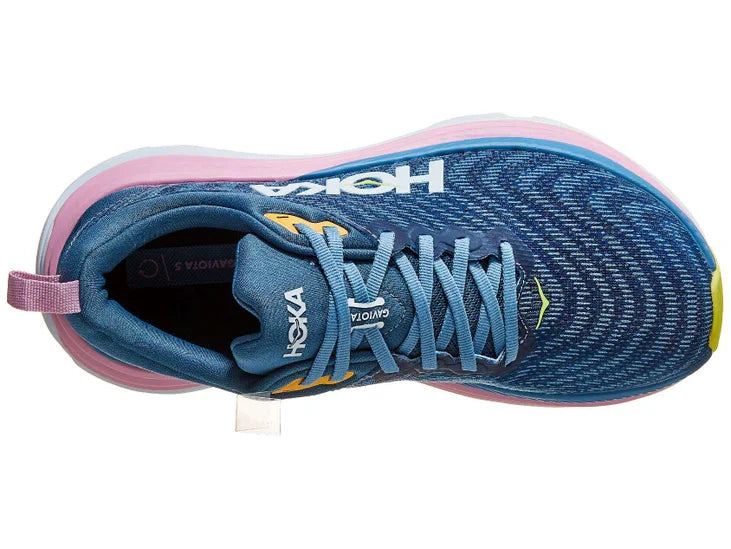 Women's Hoka Gaviota 5. Green/Blue upper. Pink/White midsole. Top view.