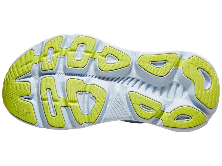 Women's Hoka Gaviota 5. Green/Blue upper. Pink/White midsole. Bottom view.