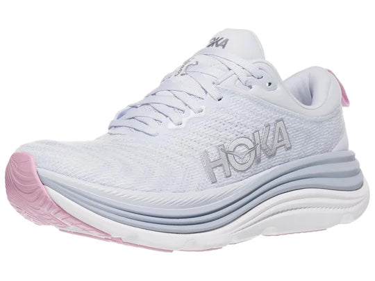 Women's Hoka Gaviota 5. Light Blue upper. White midsole. Lateral view.
