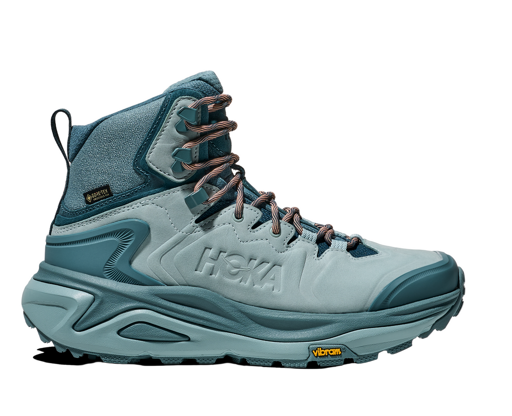 Women's Hoka Kaha 3 GTX. Blue upper. Blue midsole. Lateral view.
