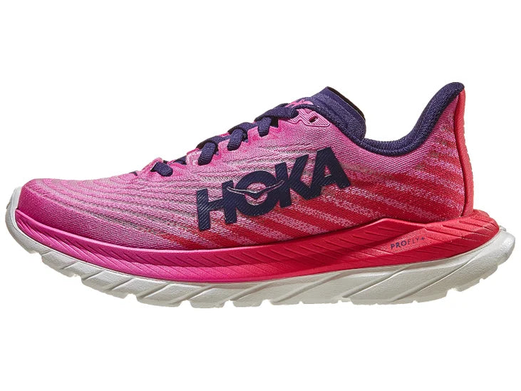 Women's Hoka Mach 5. Red/Pink upper. Red/Pink/White midsole. Lateral view.