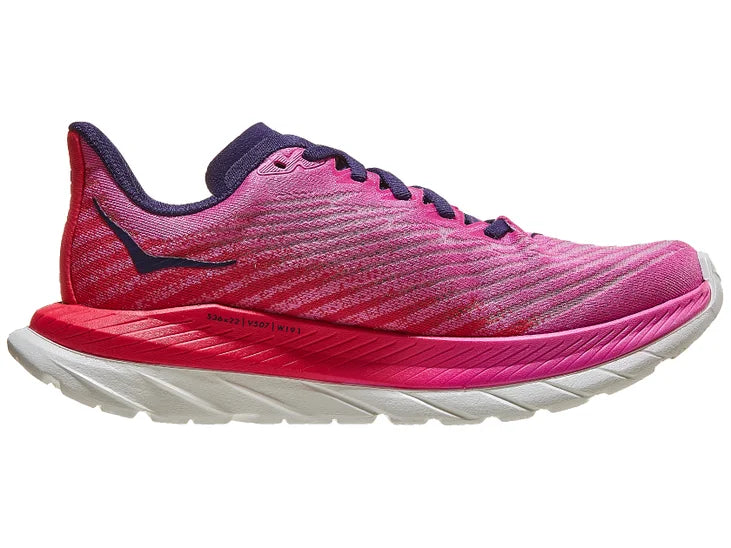 Women's Hoka Mach 5. Red/Pink upper. Red/Pink/White midsole. Medial view.