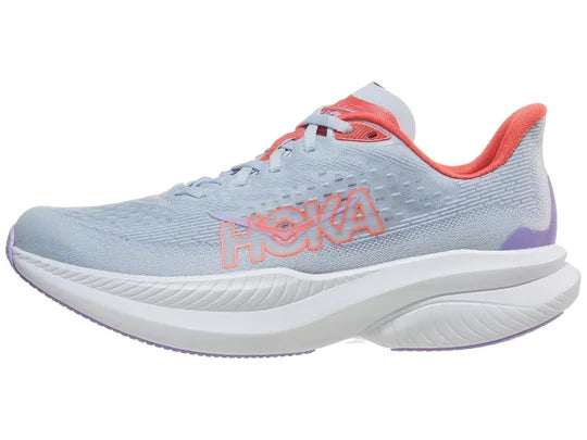 Women's Hoka Mach 6. Light blue and pink upper. White midsole. Lateral view. 