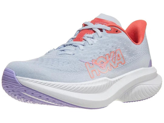 Women's Hoka Mach 6. Light blue and pink upper. White midsole. Lateral view. 