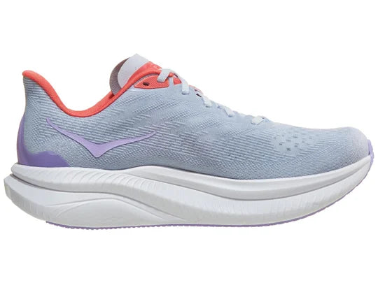 Women's Hoka Mach 6. Light blue and pink upper. White midsole. Medial view.