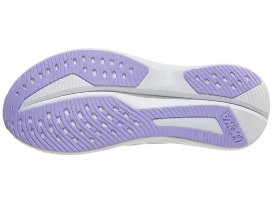 Women's Hoka Mach 6. Light blue and pink upper. White midsole. Bottom view.