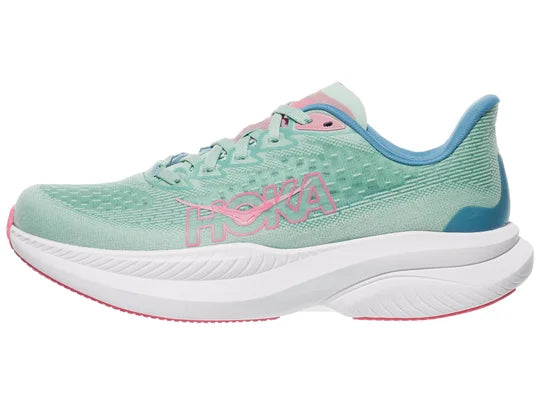 Women's Hoka Mach 6. Green upper. White midsole. Lateral view.