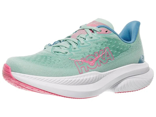 Women's Hoka Mach 6. Green upper. White midsole. Lateral view.