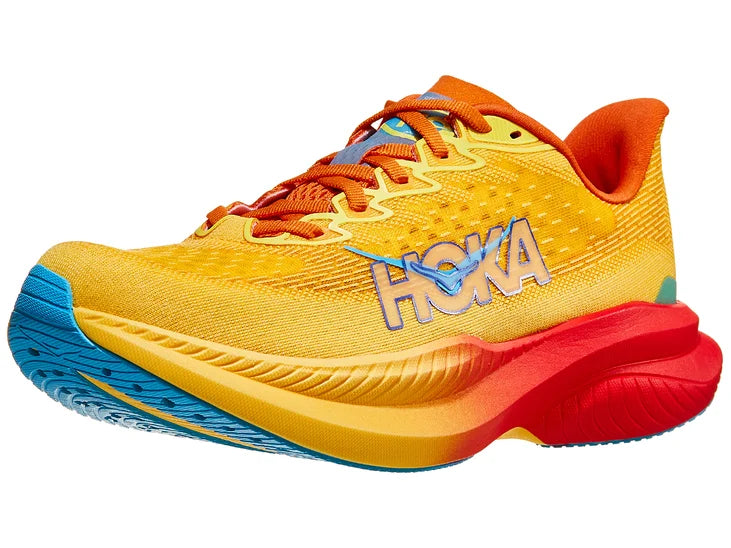 Women's Hoka Mach 6. Orange upper. Orange/Red midsole. Lateral view.