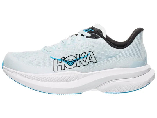 Women's Hoka Mach 6. White upper. White midsole. Lateral view.