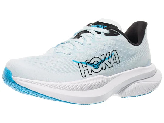 Women's Hoka Mach 6. White upper. White midsole. Lateral view.