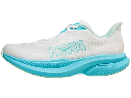 Women's Hoka Mach 6. White upper. Light Blue midsole. Lateral view.