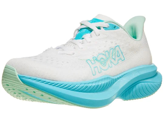 Women's Hoka Mach 6. White upper. Light Blue midsole. Lateral view.