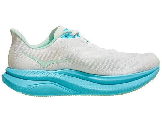 Women's Hoka Mach 6. White upper. Light Blue midsole. Medial view.