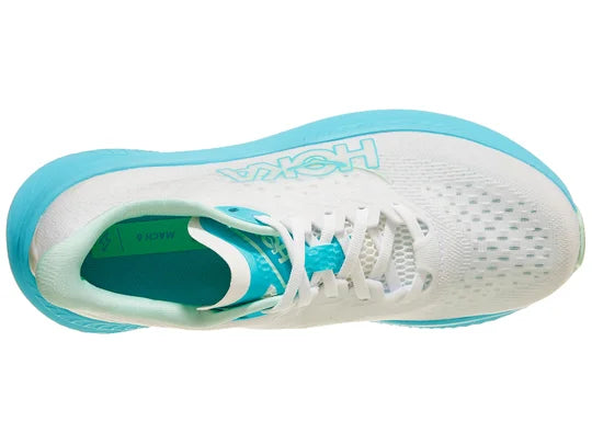 Women's Hoka Mach 6. White upper. Light Blue midsole. Top view.