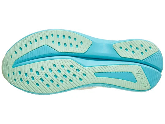 Women's Hoka Mach 6. White upper. Light Blue midsole. Bottom view.