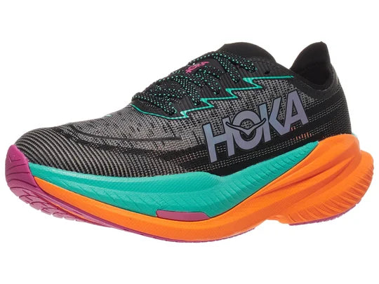 Women's Hoka Mach X2. Black upper. Orange midsole. Lateral view.