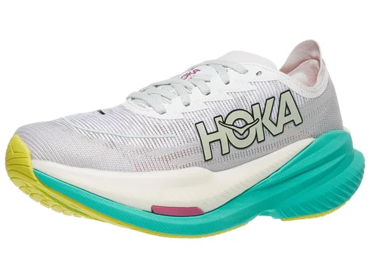Women's Hoka Mach X2. White upper. Blue midsole. Lateral view.