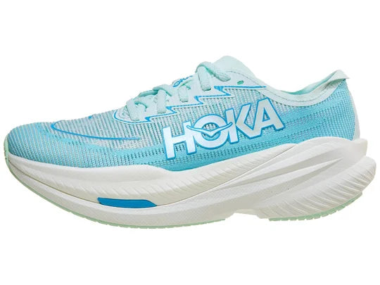 Women's Hoka Mach X2. Light Blue upper. White midsole. Lateral view.