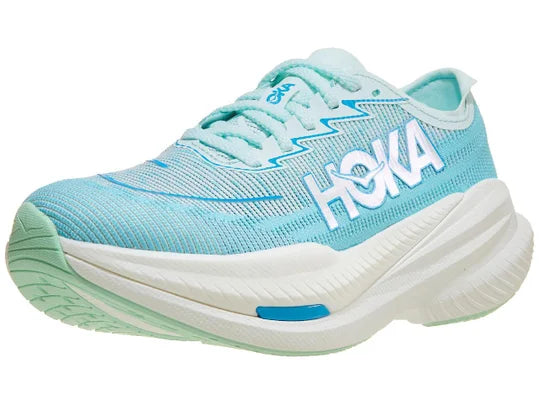 Women's Hoka Mach X2. Light Blue upper. White midsole. Lateral view.