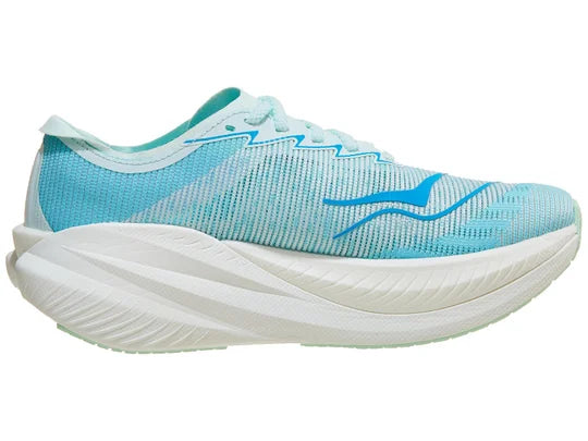 Women's Hoka Mach X2. Light Blue upper. White midsole. Medial view.