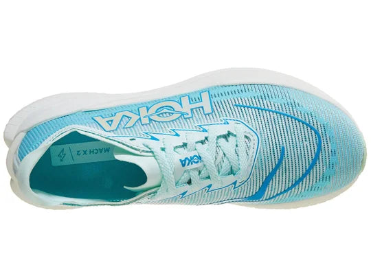Women's Hoka Mach X2. Light Blue upper. White midsole. Top view.