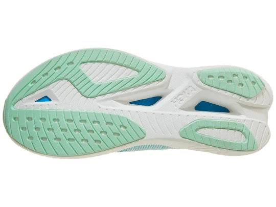 Women's Hoka Mach X2. Light Blue upper. White midsole. Bottom view.