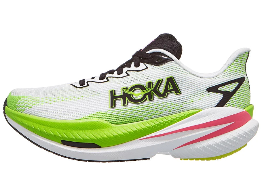 Women's Hoka Mach X3. White upper. Green/White midsole. Lateral view.
