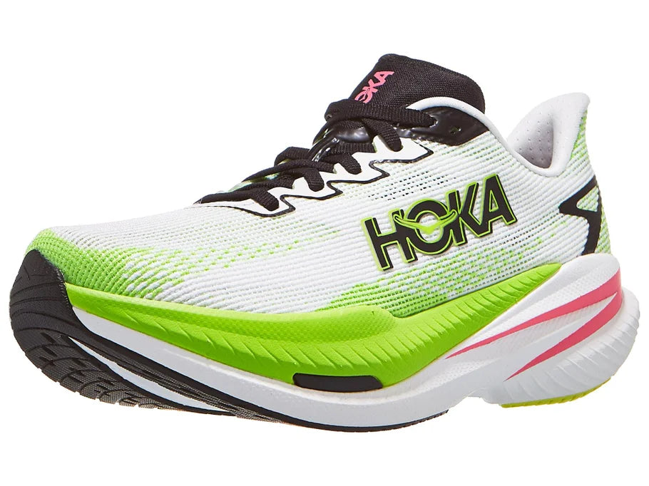 Women's Hoka Mach X3. White upper. Green/White midsole. Lateral view.