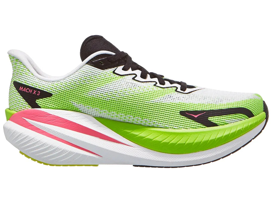 Women's Hoka Mach X3. White upper. Green/White midsole. Medial view.