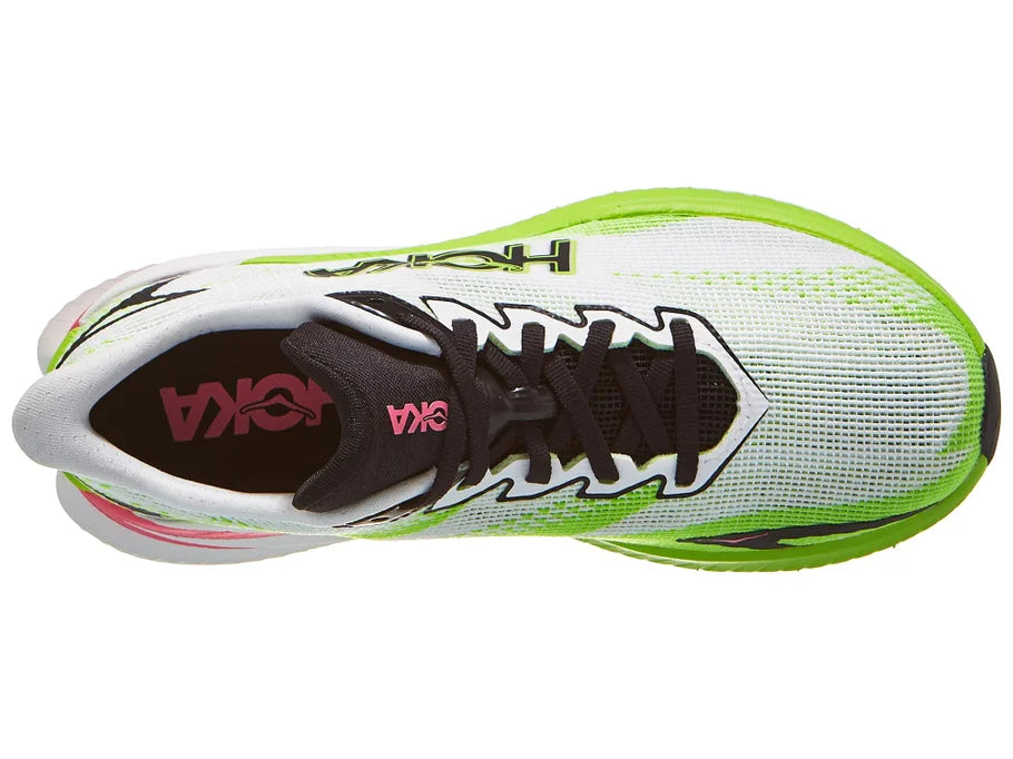 Women's Hoka Mach X3. White upper. Green/White midsole. Top view.